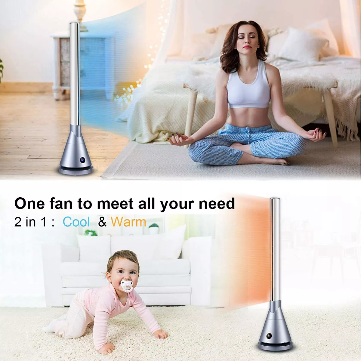 Geek Aire BF3 9 Speed Whisper Quiet Bladeless Oscillating Remote Controlled Smart Hot and Cold Fan with Programmable Timer