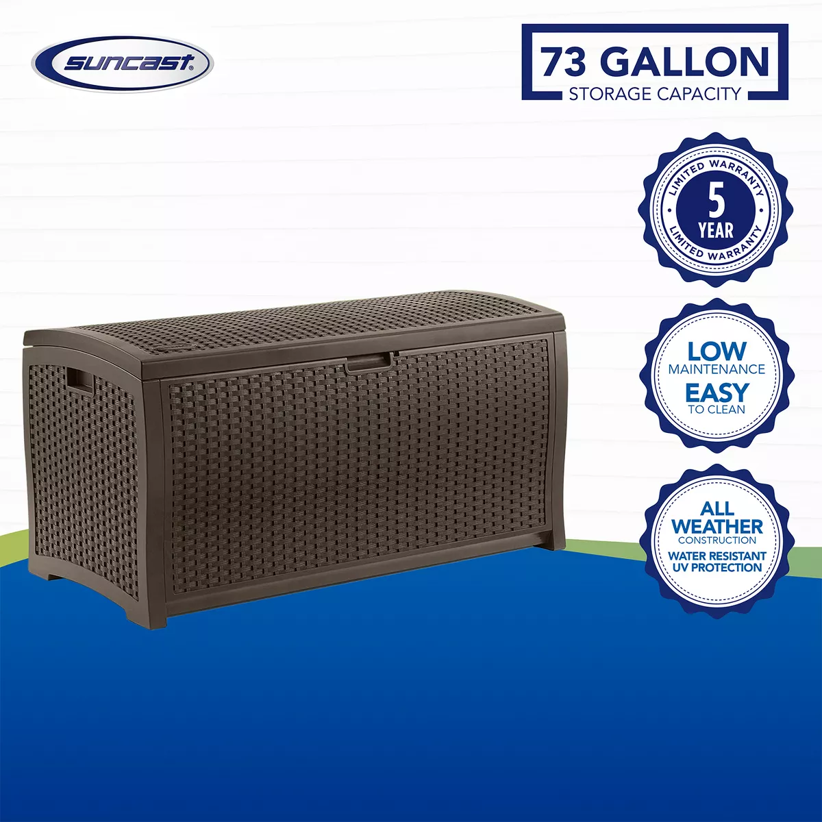 Suncast DBW7300 73 Gallon Resin Wicker Outdoor Patio Storage Deck Box, Mocha