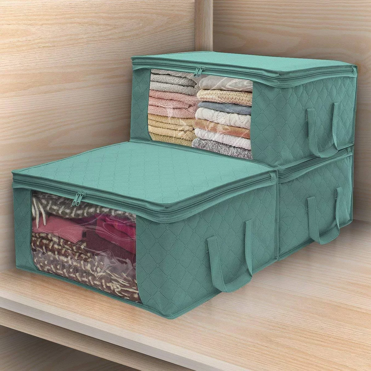 Sorbus 3pc Storage Bamboo Teal Fiber Clothing Organizer Bags Set