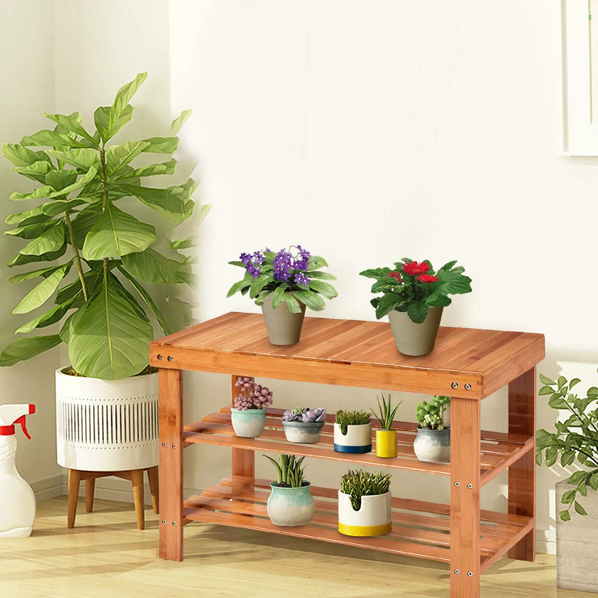 Costway 3 Tier Bamboo Shoe Rack Bench Storage Shelf Organizer Entryway Home Furni