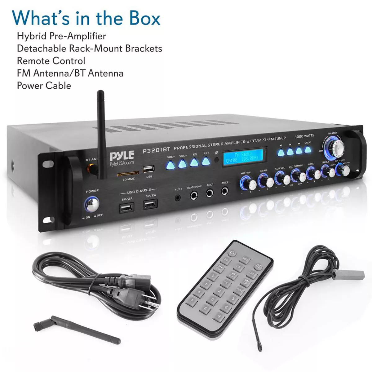 Pyle P3201BT 3000 Watt Pro Home Audio Multi Channel Bluetooth Hybrid Amplifier Receiver Pre-Amplifier with MP3/USB/SD/AUX Readers and FM Radio, Black