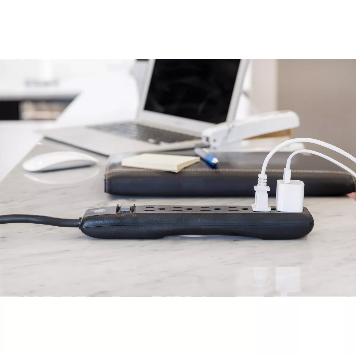 General Electric 2pk 3' Extension Cord With 6 Outlet Surge Protector Black