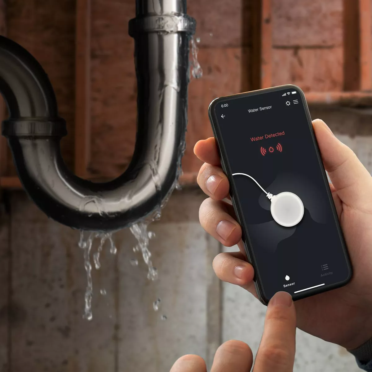 Smart White Wi-Fi Enabled Battery Operated Water Leak Sensor
