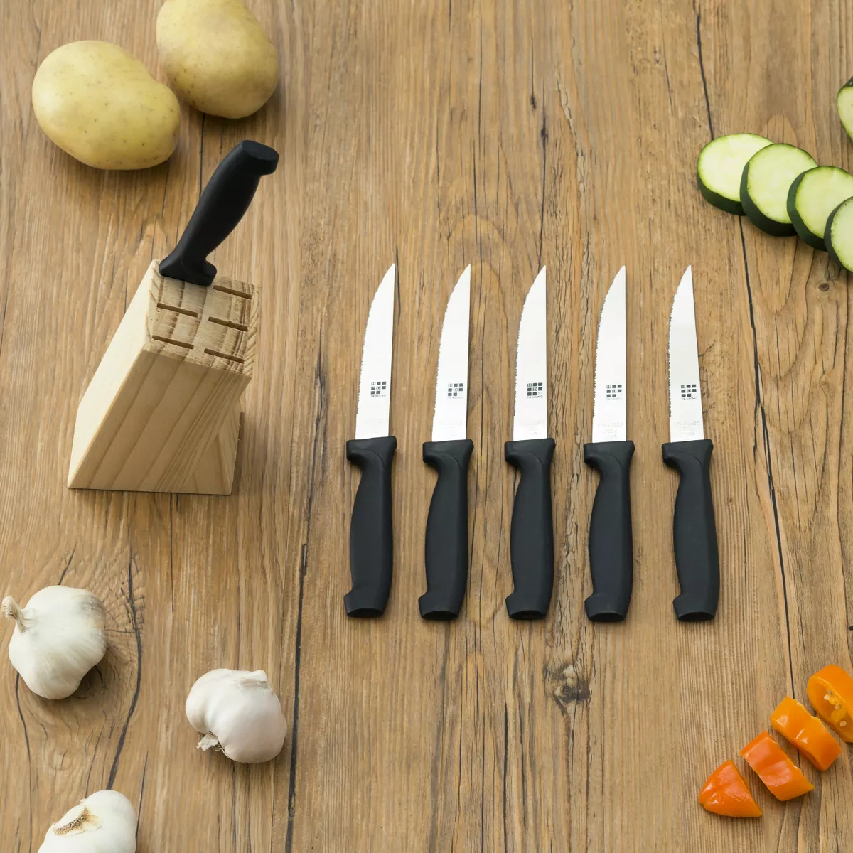 Home Basics 6 Piece Stainless Steel Steak Knife Set with All Natural Wood Display Block