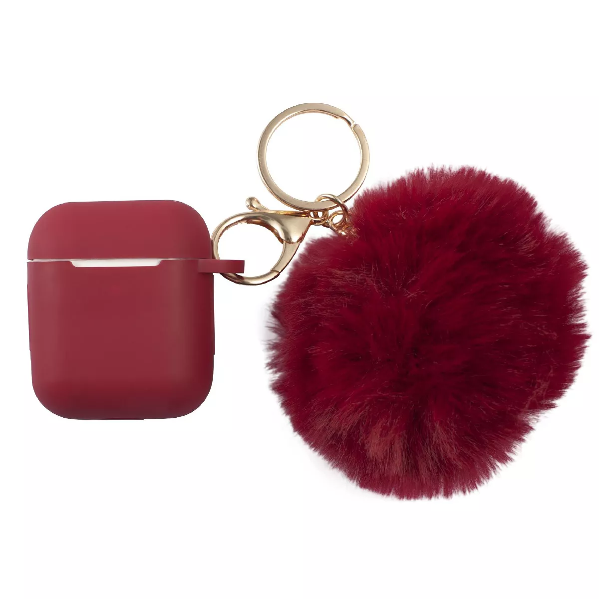 Insten Fluffy Pom Pom Case For Airpods 1 / 2, Silicone Case with Keychain & Anti-Lost Strap, Soft Touch Skin, Protective Cover, Wine Red