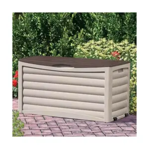 Suncast DB8300 83 Gallon Outdoor Resin Storage Chest Deck Box with Handles, Wheels, and Lid for Patio, Garden, or Pool for All Weather, Mocha/Taupe