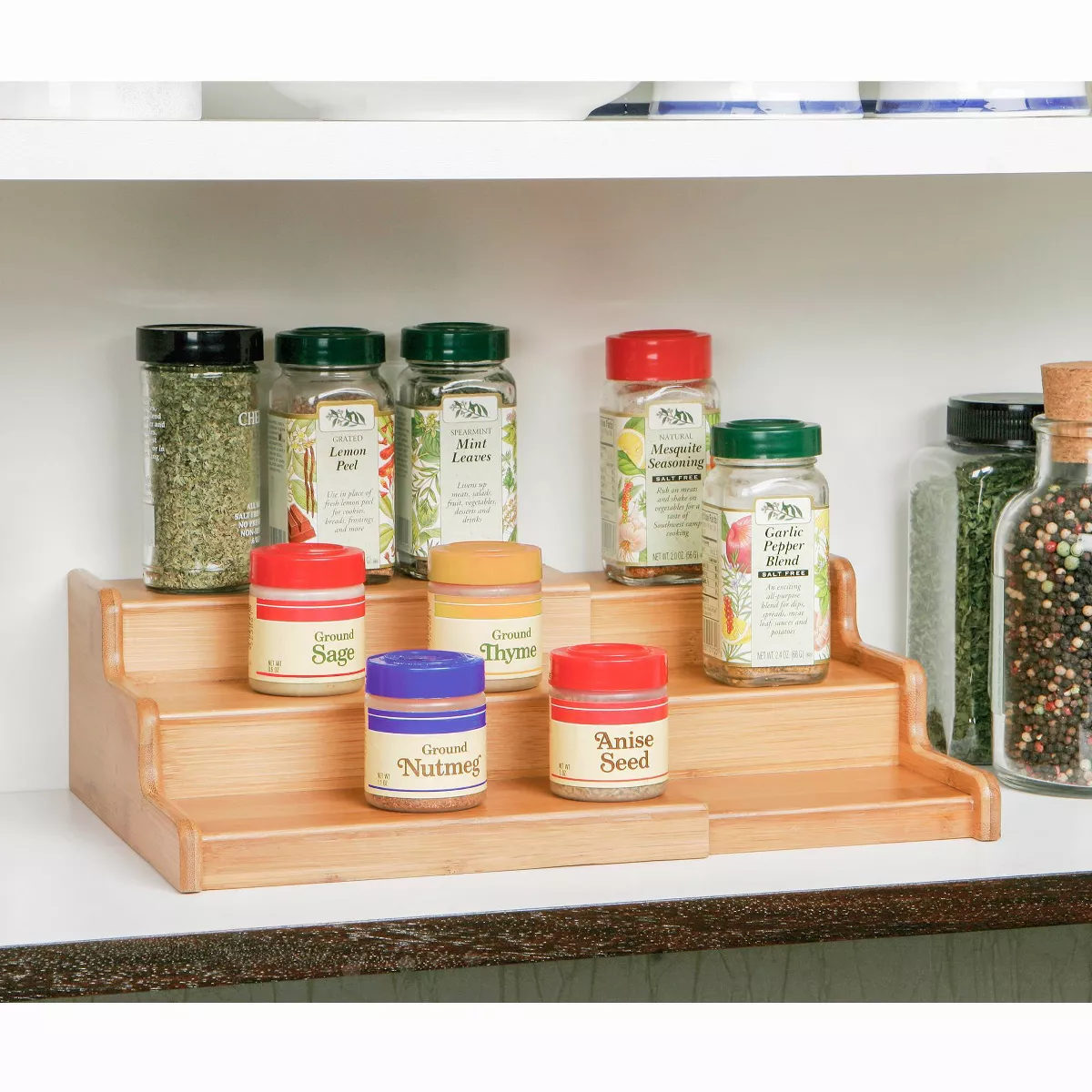 Seville Classics 3-Tier Expandable Bamboo Spice Rack Step Shelf Cabinet Organizer