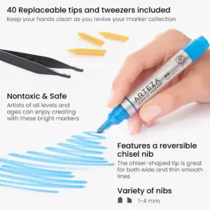 Arteza Premium Acrylic Artist Marker Set, Classic Hues and Metallic Colors, Replaceable Tips - 40 Pack (ARTZ-9219)
