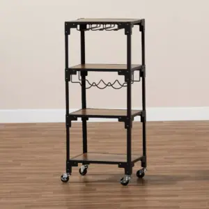 4 Tier Victor Wood and Metal Mobile Wine Cart Walnut/Black - Baxton Studio