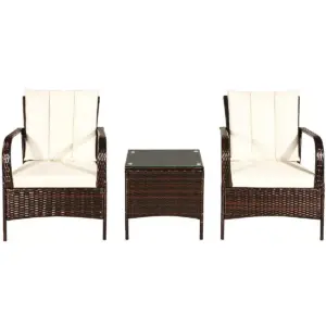 Costway 3 PCS Patio Rattan Furniture Set Coffee Table & 2 Rattan Chair W/White Cushions