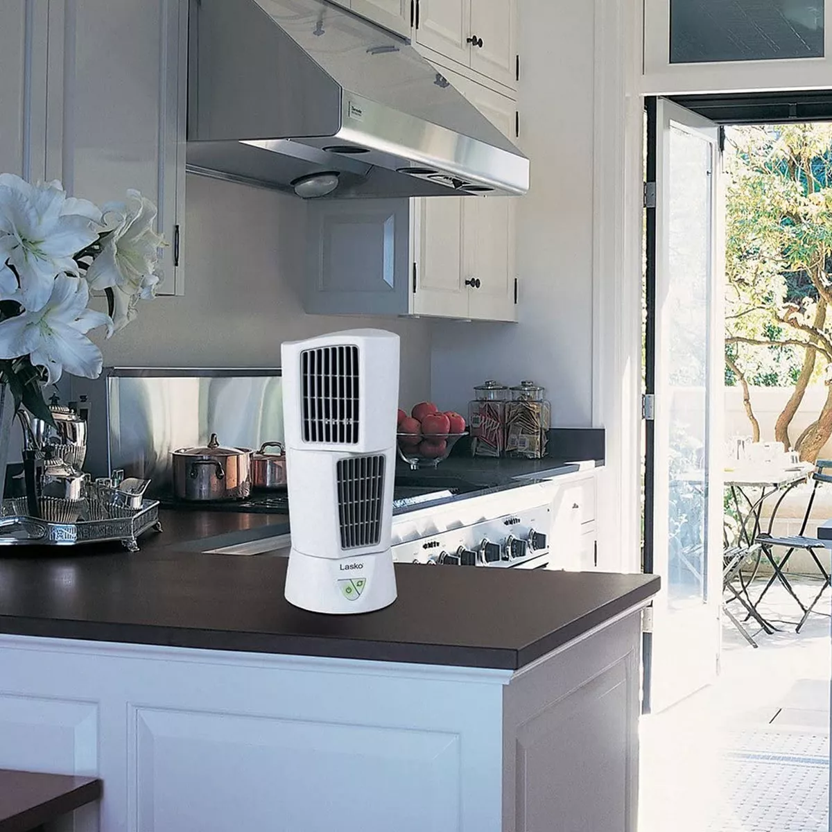 Lasko 4917 Compact Portable Oscillating 3 Speed Platinum Desktop Wind Tower Fan with Built In Handle for Office, Bedroom, Kitchen, and Bathroom, White