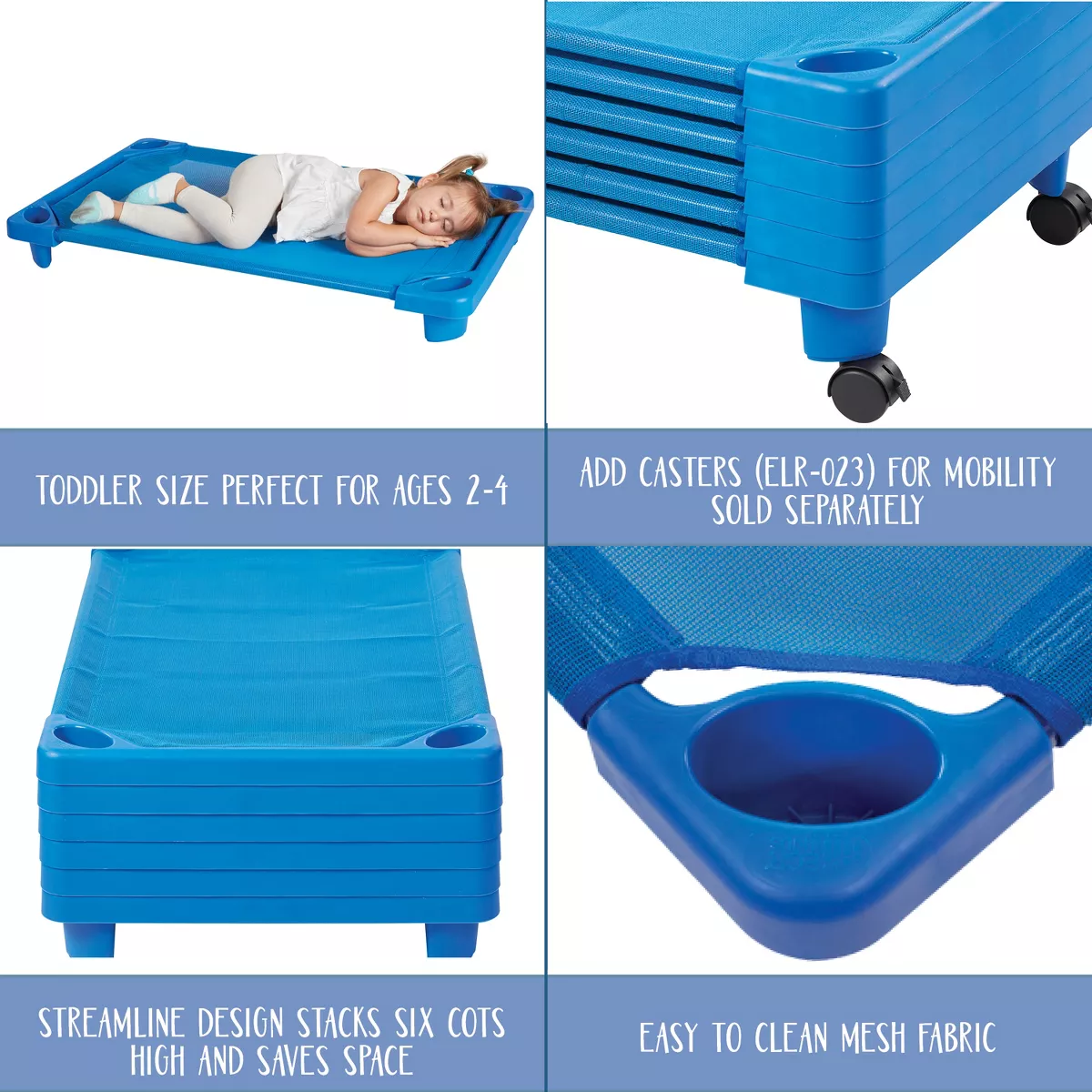 ECR4Kids Streamline Toddler Naptime Cot, Stackable Daycare Cot for Kids, Assembled, Blue, set of 6