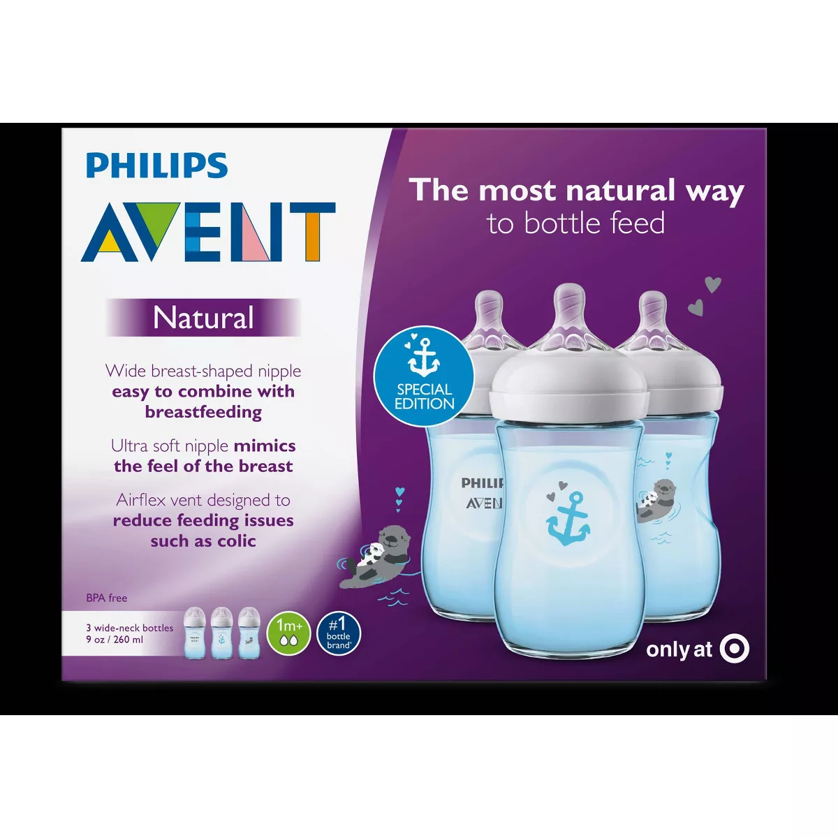 Philips Avent Natural Baby Bottle Blue - Otter/Anchor - 9oz - 3pk