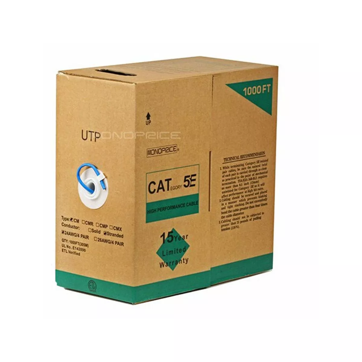 Monoprice Cat5e Ethernet Bulk Cable - Network Internet Cord - Stranded, 350Mhz, UTP, CM, Pure Bare Copper Wire, 24AWG, 1000ft, Blue