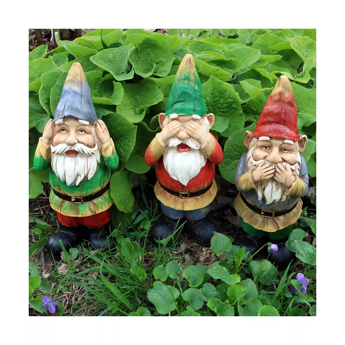 Sunnydaze Three Wise Garden Gnomes Hear, Speak, See No Evil Indoor/Outdoor Lawn Statue Set - 12" H - 3-Piece Set