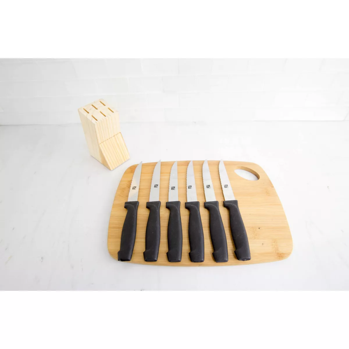 Home Basics 6 Piece Stainless Steel Steak Knife Set with All Natural Wood Display Block