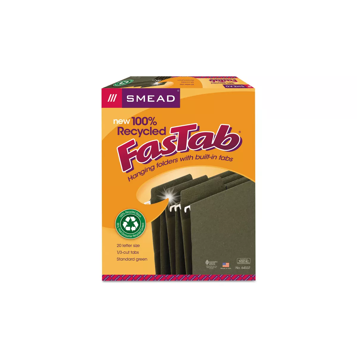 Smead FasTab Recycled Hanging File Folders Letter Green 20/Box 64037