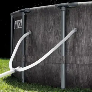 Intex 26749ST 12 Foot x 30 Inch Round Steel Frame Above Ground Pool Set with Filter Cartridge Pump & Pool Liner, Protective Canopy, Gray Woodgrain