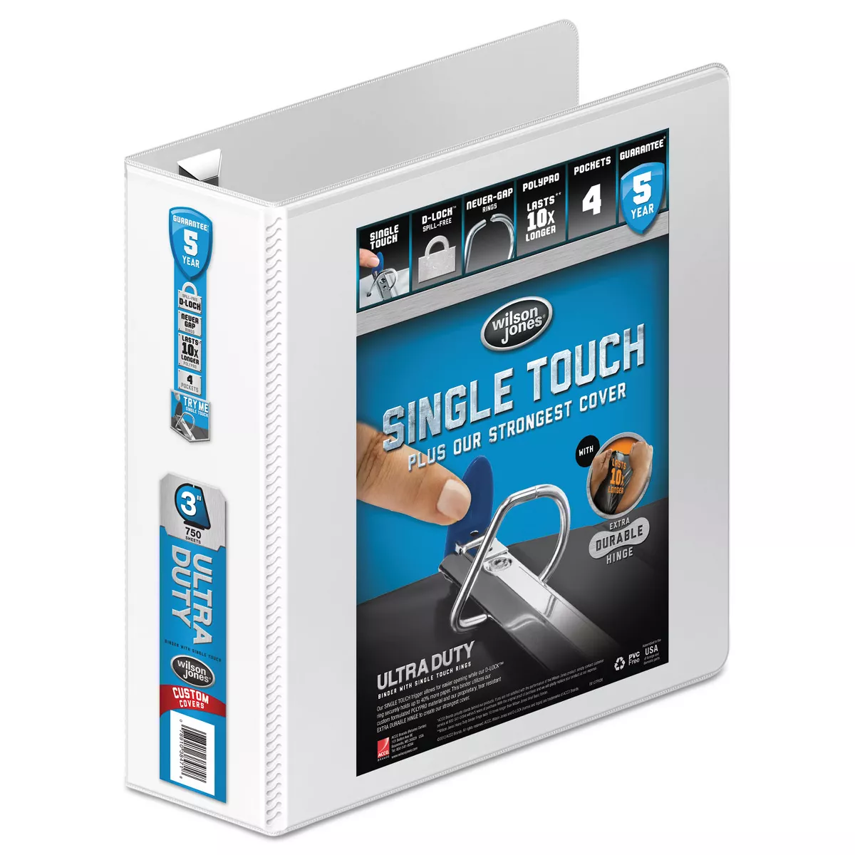 Wilson Jones Ultra Duty D-Ring View Binder w/Extra-Durable Hinge 3" Cap White 86630