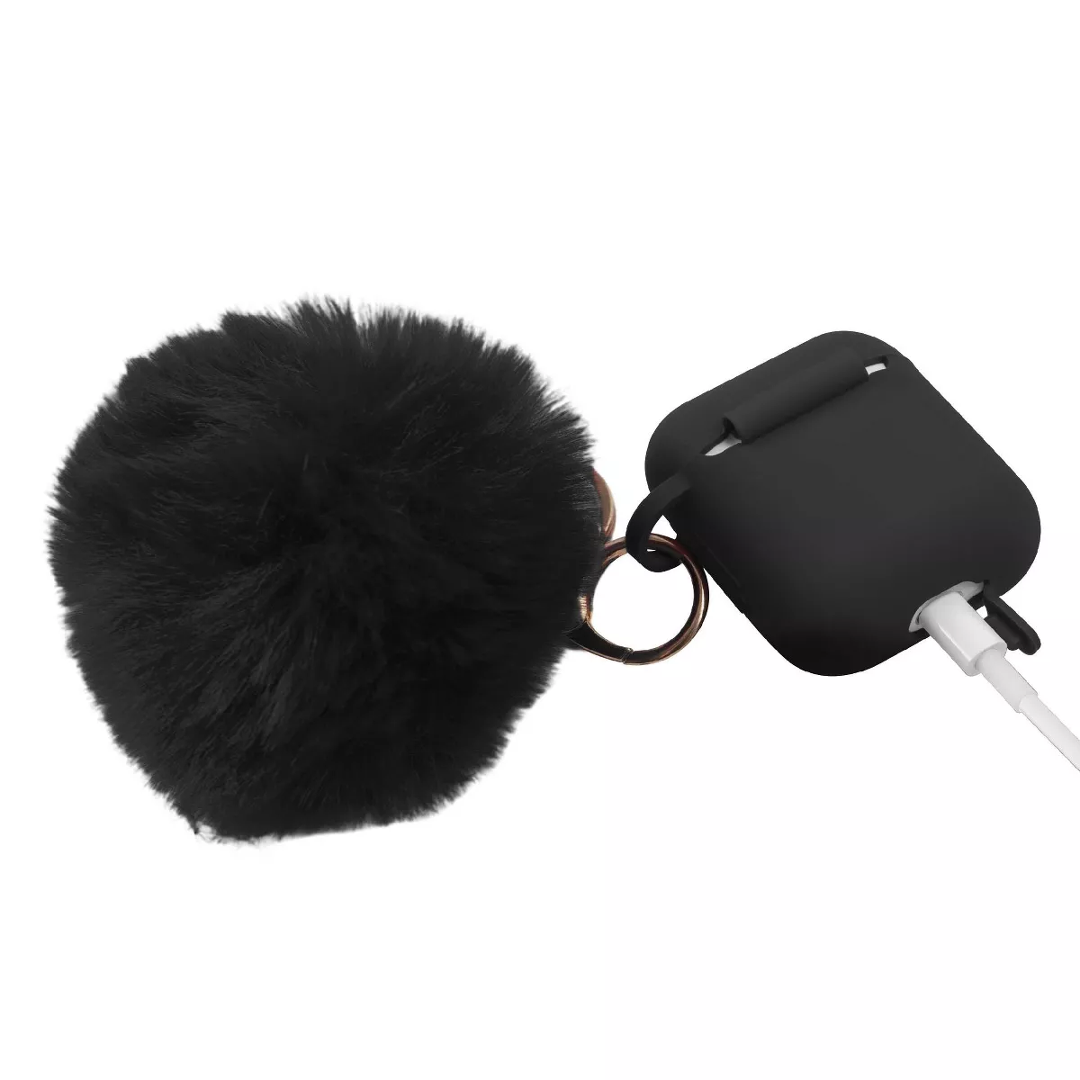 Insten Fluffy Pom Pom Case For Airpods 1 / 2, Silicone Carry Case with Keychain & Anti-Lost Strap, Soft Touch Protective Skin Cover, Black